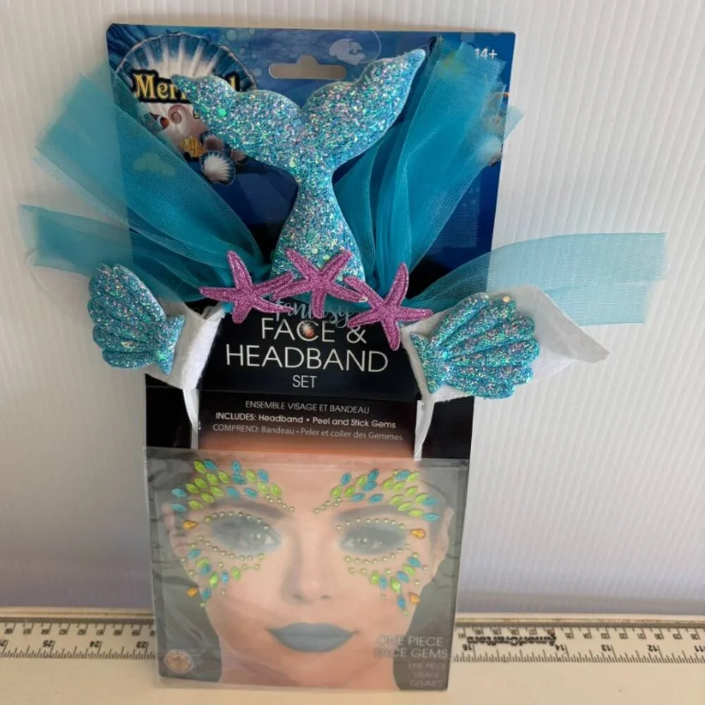 Mermaid Mystical Waters Halloween Costume 4/6 Dress, Headband, Face Gems Girls